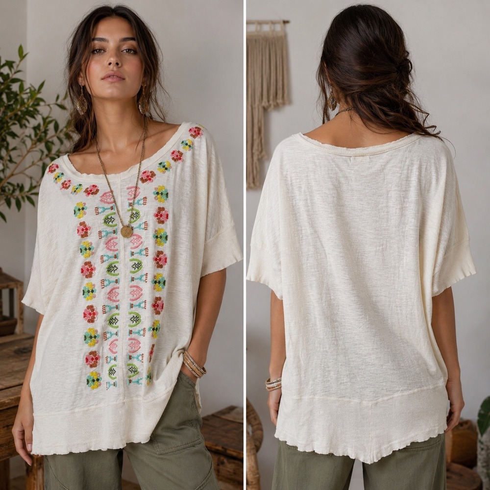 Sundance Embroidered Boho Tunic Top SM Cream Floral Cotton Oversized Cottagecore